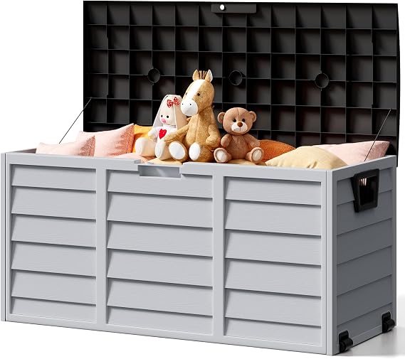The Fellie Garden Storage Box with Wheels, 290L Lockable Garden Storage Boxes Waterproof, Plastic Outside Storage Box for Gardening Tools, Cushions, Toys, 112x49x54cm, Dark Grey