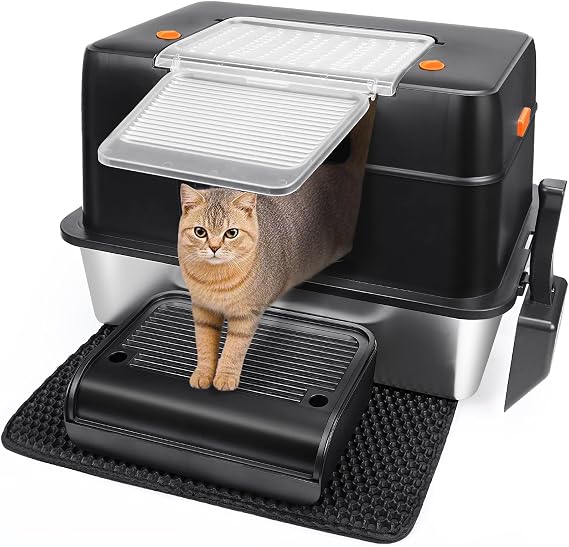 Vivifying Stainless Steel Cat Litter Tray with Lid with Scoop, Step and Mat