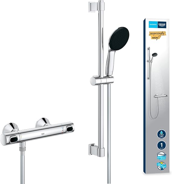 GROHE Precision Flow Termostatik Duş Bataryası ve Vitalio Start 110 Sürgülü Duş Seti, 110mm 1 Akışlı El Duşu, 600mm Sürgülü Ray, 1750mm Duş Hortumu, 38°C Sabit Sıcaklık Ayarı, Krom, 34800001