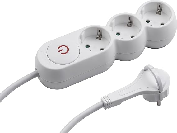 Meister 3-Way Power Strip – Extra Flat Connector – 1.4 m Cable – White – IP20 Indoor – Illuminated Switch/Multi Socket/Power Strip with Flat Plug / 7430130