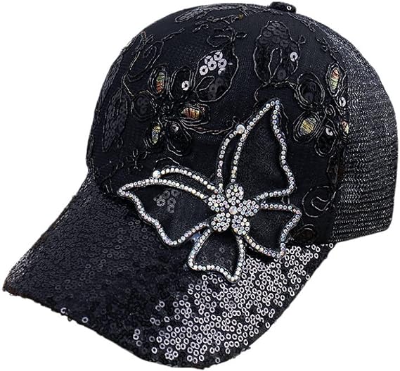 Sequin Mesh Baseball Cap for Women Sparkly Rhinestone Butterfly Sun Hat Breathable Cotton Bling Trucker Hat Adjustable Curved Brim