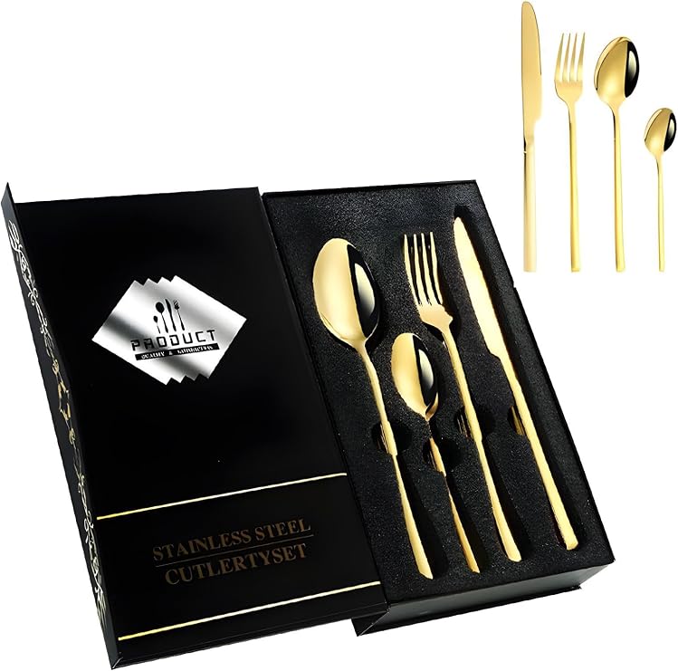 24 Parça 6 Kişilik Gold Çelik Yemek Kaşık Çatal Bıçak Set cin739srx