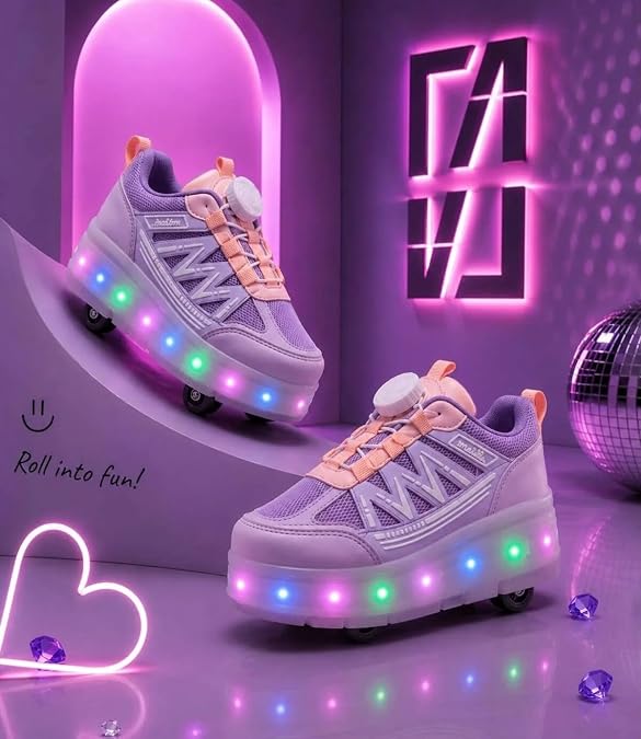 Garantili & Üst Kalite Işıklı Çocuk Paten Ayakkabısı | 4 Tekerlekli Kaykay Sneaker (29-37 Numara - Renk Lila)