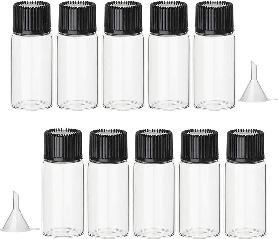 Hyber&Cara 10 Pcs 10ml Clear Glass Bottles Small Empty Sample Vials with Screw Cap, Bonus 2 Pcs Mini Funnels
