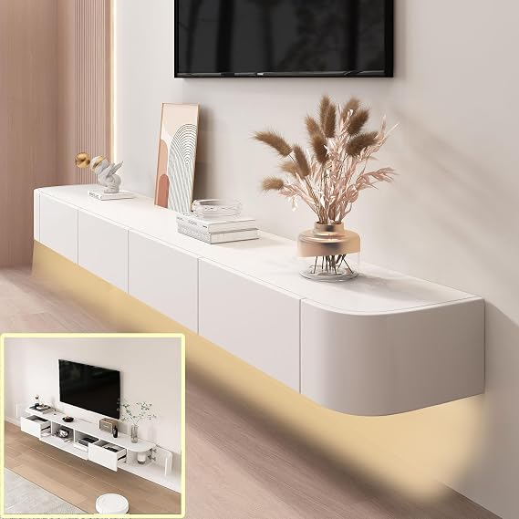 Floating TV Stand, Solid Wood Wall TV Shelf with Door, TV Media Console, Wall Mounted TV Cabinet with Large Storage Space, TV Bench for Under TV (White + LED, 240 x 30 x 20 cm)
