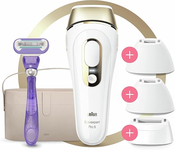 Braun IPL Silk Expert Pro 5, IPL Hair Removal, System for Permanently Visible Hair Removal at Home, Alternative to Laser Hair Removal, PL5347, White/Gold