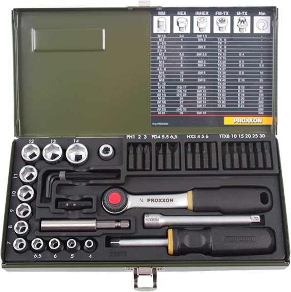 Proxxon 23070 Socket Set, 0 V, Multi-Colour, 1/4-Inch, Set of 39 Piece