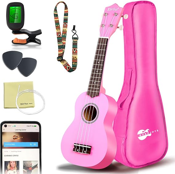 Mahogany Soprano Ukulele Starter Kit - Professional 21 inch w/Case Strap Digital Tuner Aquila Strings (21 inch, Pink)