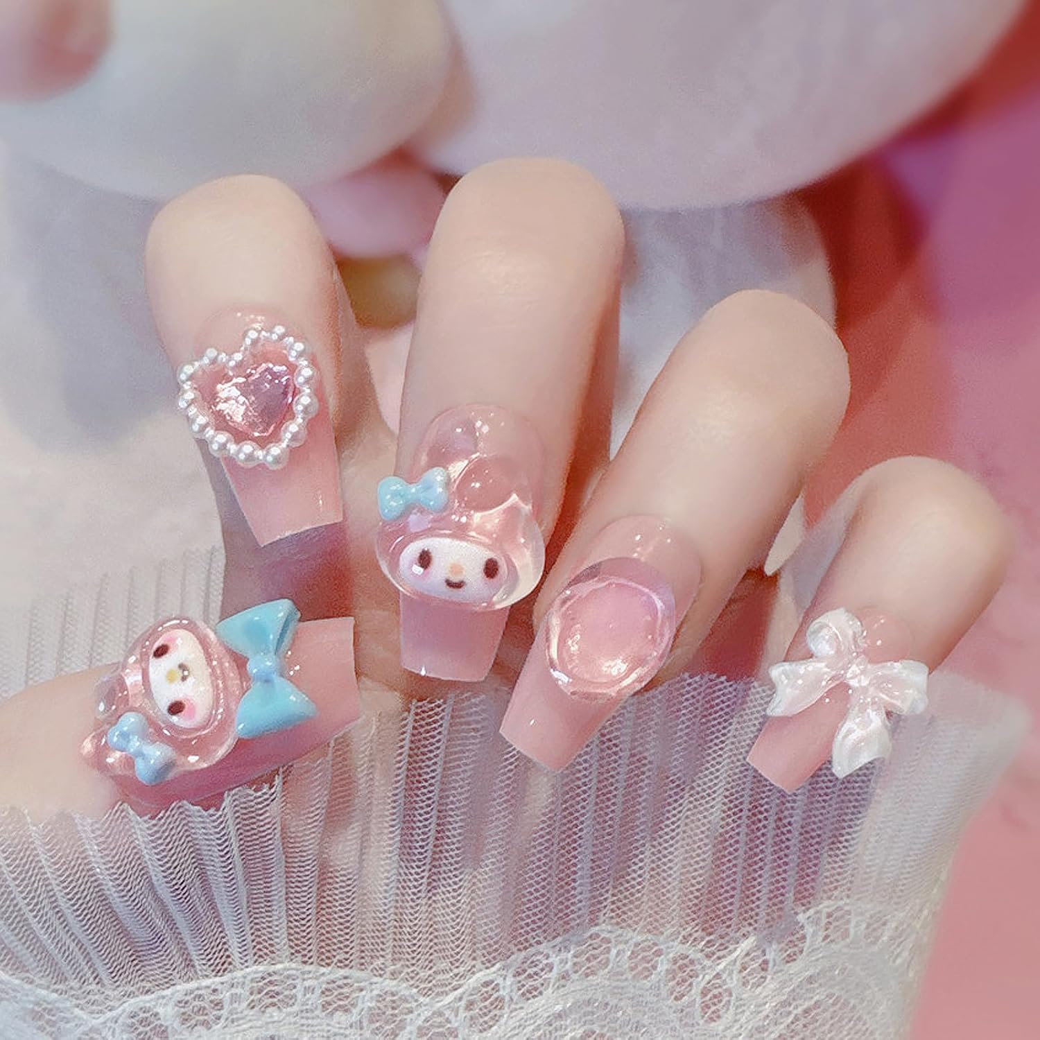 24PCS Cute Kawaii 3D False Nails - Fake Nails with Glue - 12 Sizes Medium Press on Nails with Pearl Heart Bow Design - Glossy Full Cover Artificial Stick on Nails for Women Girls Nail Art Accessories