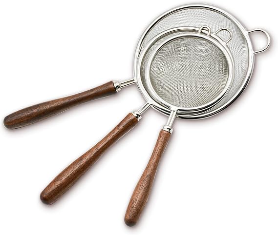 3 Pack Fine Mesh Kitchen Sifter, 304 Stainless Steel Wire Sifter with Wooden Handle, Fine Mesh Sifter for Quinoa/Pasta/Flour/Food/Rice/Baking and Cooking (7/8/10cm)