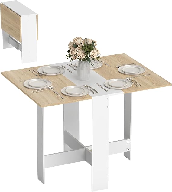HOMCOM Folding Dining Table for 4-6 Drop Leaf, Oak & White