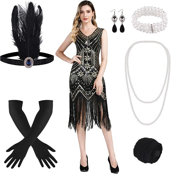 Fepito 1920s V-Neck Dress with Sequins and Beads Fringe with 20s Accessory Set