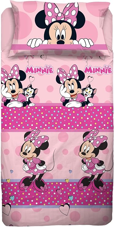 Minnie Mouse - Single Bed Sheet Set, Disney Sheet Set, Flat Sheet, Fitted Sheet, Pillowcase, Pink, Disney, 100% Cotton, Official Product