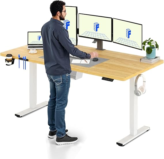 FLEXISPOT Electric Standing Desk 180x80cm Sit Stand Table Height Adjustable Desk with Hook for Home Office, Maple