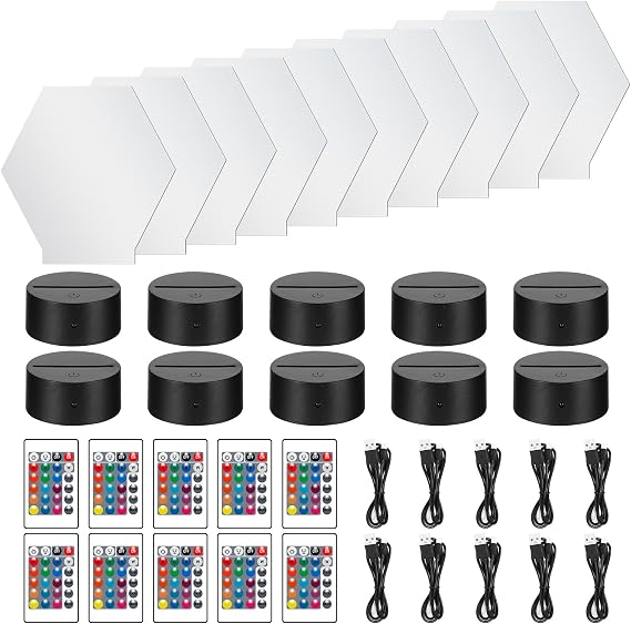 10 Pieces Clear Acrylic Sheets and 10 Pieces 3D Night LED Light Lamp Base [Energy Class A]