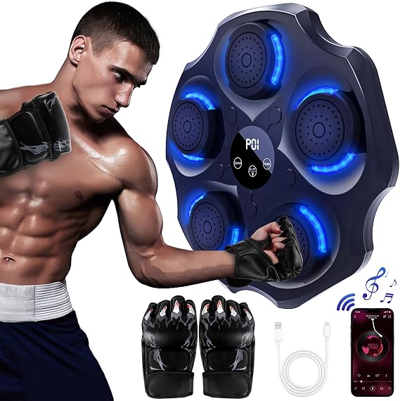 Music Boxing Machine for Adults,Wall Mounted Smart Music Boxing,with Gloves and LED Lights,Suitable for Gym,Home,Office,Fun Fitness Equipment,kids, adults and boxing enthusiasts(Black)