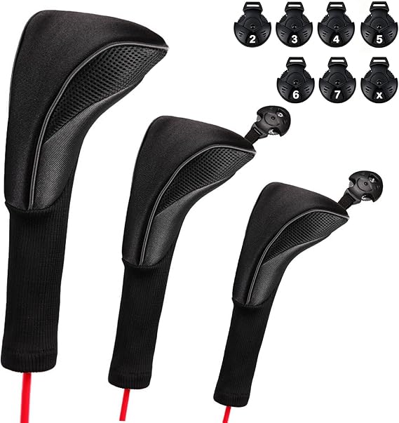 3pcs/Set Golf Club Head Covers, Long Neck Knitted Driver Hybrid Fairway Wood Headcovers with Interchangeable Dial No.Tag (2 3 4 5 6 7 X), Light & Durable, Fit for Most Clubs -Black