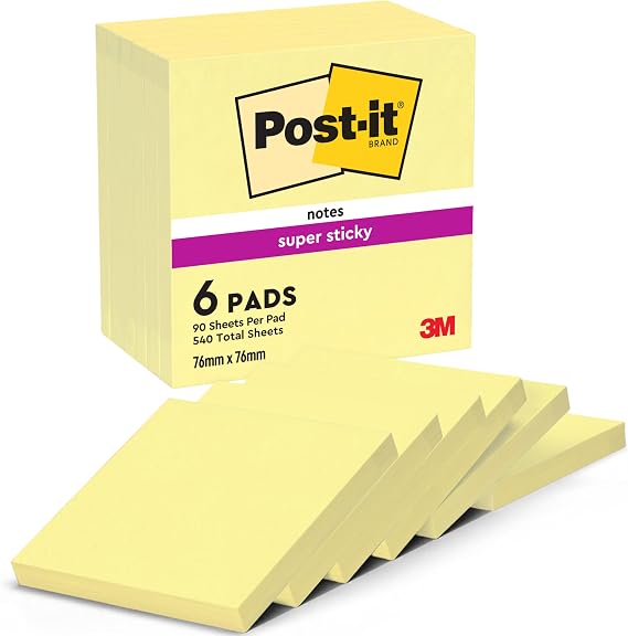 Post-it Super Sticky Notes, 6 Pads (540 Sheets), 76 mm x 76 mm, Yellow