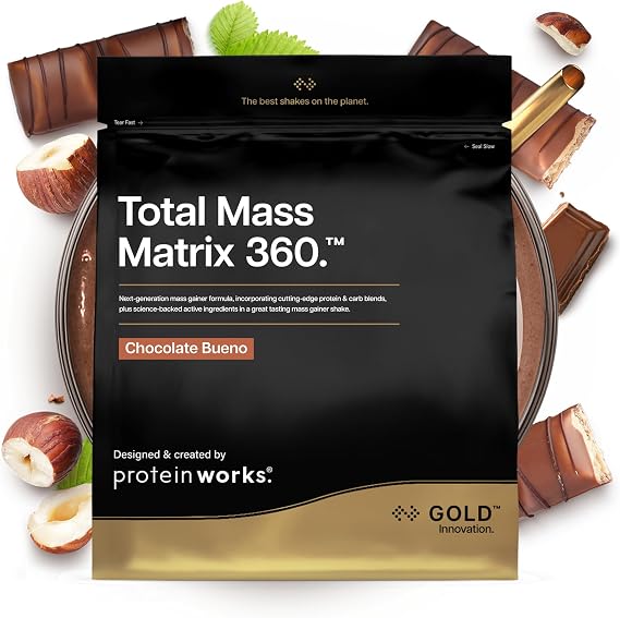 Protein Works | Total Mass Matrix 360 - Gold, Chocolate Bueno, 2.12kg | Tri Protein Blend, Mass Gainer Protein Powder, Creatine Monohydrate, Glutamine, Vitamin & Mineral Blend, 8 Servings