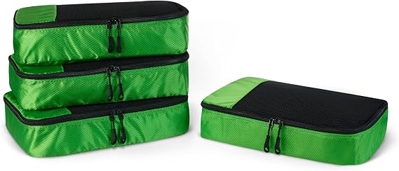 Amazon Essentials 4-Piece Packing Cubes Travel Accessories Set, Luggage Organiser with Double Zip, Mesh Top, Polyester, Medium, Green (Previously Amazon Basics)
