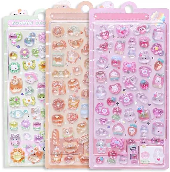 3D Sticker Set with Cute Pink Bunny Designs, 3 Pcs 3D Stickers Puffy Stickers for Toddlers, Cute Animal Design Cartoon Mini Sticker, Suitable as Rewards and Decorations, Creative Gift