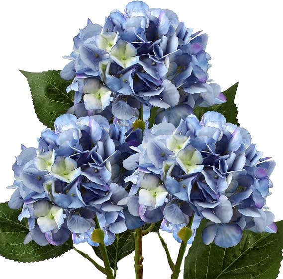 Briful 21" Artificial Hydrangea Flowers Silk Flower Fake Flower, Set of 3 Blue Artificial Flowers Fake Hydrangea Long Stems for Home Wedding Party Décor