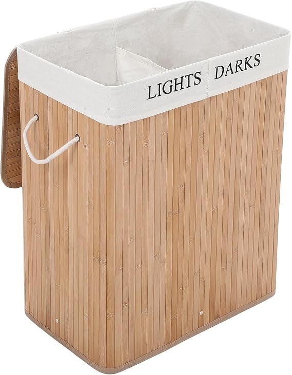 Orret Home Doğal Bambu Katlanabilir Kirli Çamaşır Sepeti, Yıkanabilir Çıkarılabilir Astar Torbalı, Sele Görünümlü Şık ve Dayanıklı Çamaşır Sepeti, Kapaklı ve Ergonomik Tasarım (2 Bölmeli)