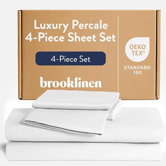 Brooklinen Luxury Percale Sheet Set - 4 Piece 100% Cotton Bed Sheets - 1 Fitted & 1 Flat Sheet, 2 Pillowcases - Cotton Percale Sheets for Hot Sleepers (Queen Size, White)