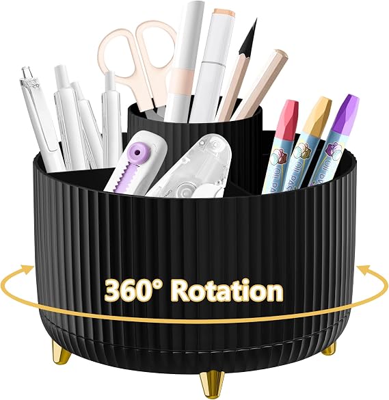 Desk Organiser, 360°Rotating Pen Holder Pen Pot, Makeup Brush Holder with 5 Compartments, Desktop Storage Stationery Supplies Organizer, Pencil Holders for Desk Tidy Home Office School (Black)