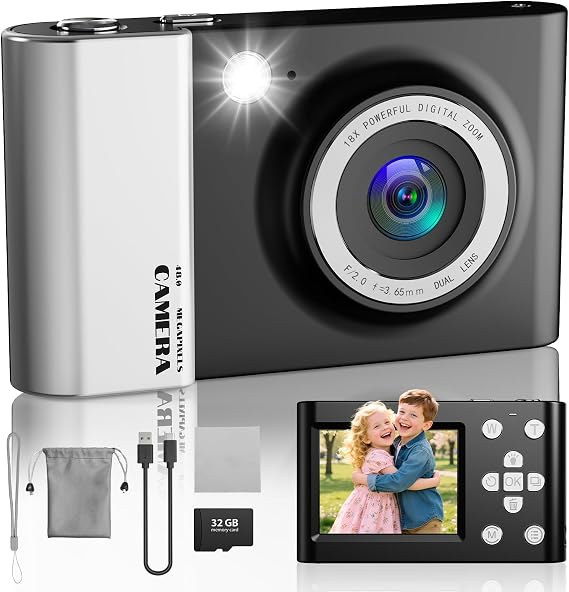CHAKEYAKE 4K Digital Camera, 64MP Vlog Photo Camera with 32GB Card, 2.4" LCD Screen, 18X Digital Zoom, Auto Focus, Portable Compact Camera for Beginner Kids, Black