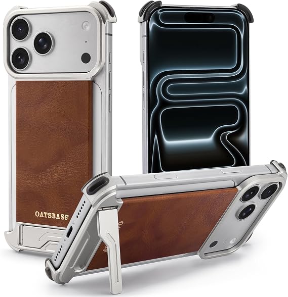 OATSBASF iPhone 17 Pro用レザーケース、メタルフレームレスデザイン、スリム調節可能なキックスタンドバンパーフォンケース、保護ショックグレードシェル、天然チタン