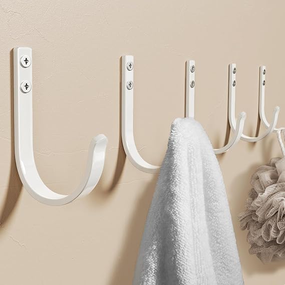 Josmimic Wall Hooks for Towel/Coat - 22LB Heavy Duty Metal Hanger Wall Mount, for Outdoor, Closet, Door, Shelf, Bathroom, for Backpack, Cup, Clothes, Mug, White Matte 5 Pack, Screws Included