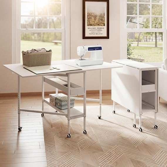 Levede Folding Adjustable Sewing Table, Height 84-102cm, Mobile Casters with Brakes, Sturdy Steel Frame, Extra Storage Shelves, Reinforced Hinges, Versatile Craft & Home Office Desk