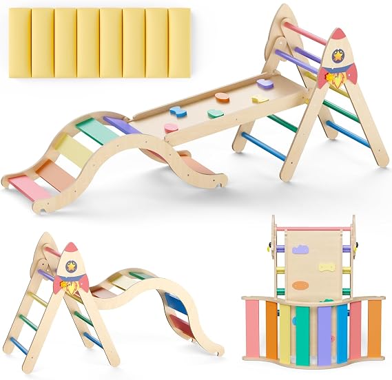 Toddler Climbing Frame Indoor, 9-in-1 Pikler Triangle Set, Foldable Kids Climbing Toys for Toddlers 1-3 Inside, Baby Jungle Gym, Montessori indoor playground, Jungle Gym, Large Wooden Pikler Set