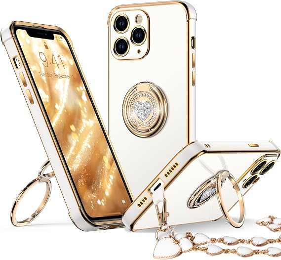 XYZ iPhone 11 Pro Max用 スタンド付きケース ダブルリングキックスタンド付きスマホケース レディース ガールズ キュート ラブハート ラグジュアリー キラキラ 保護ケース ハート iPhone 11 Pro Max用 ホワイト