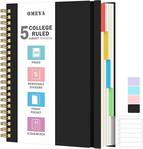 A5 Notebook, Lined Notebook with Removable Dividers, 100GSM Thick Notepad