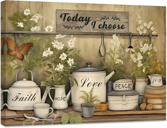 CCWACPP Country House Kitchen Canvas Prints Tableware Motivational Painting Vintage Farm Kitchen Sign Pictures Positive Quotes Wall Decoration Framed (D (30.00x45.00cms))