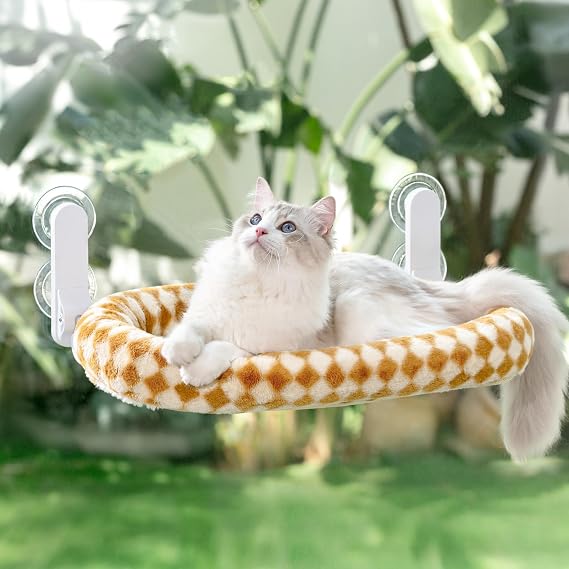 GUUSII HOME Foldable Cat Window Bed Indoor Hammock Perch for Large Cats Cordless Hanging Kitten Seat Shelf with Suction Cups Reversible Soft Plush Cushion Machine Washable 54 * 30cm (Brown, M)