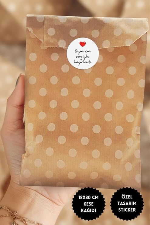 Bimotif 10 adet puantiye desenli kese kağıdı (18x30 cm), büyük boy hediye paketi ve Sticker seti Tek Ebat