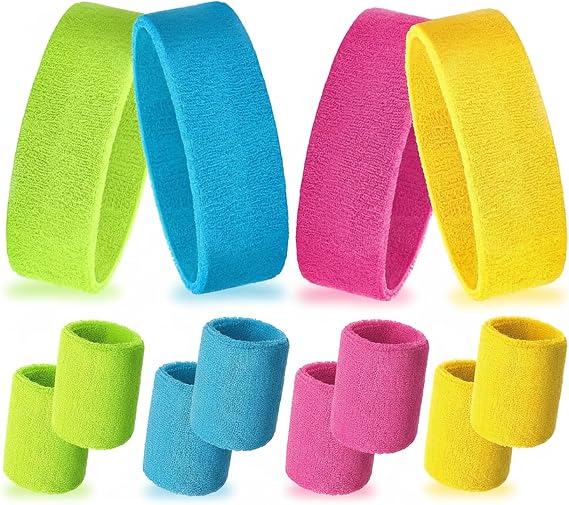 12 Pcs Sweatbands Set, Neon Headbands & Wristbands for Men Women, Wrist Bands for Sweat, Moisture Wicking Cotton Sweat Bands for Sports, Basketball, Tennis, Gym & 80s 90s Party Costumes