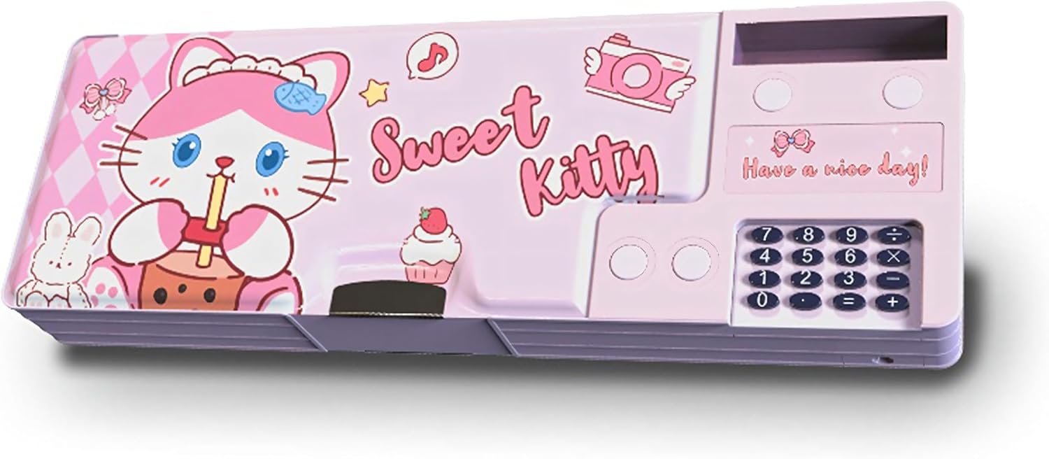 Pop Up Multifunction Pencil Case for Boys and Girls with Calculator, Sharpener, Cute School Supplies Pencil Box, Stationery Organizer, Best Gift Birthday Present for Kids Pink