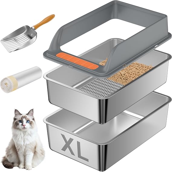 Stainless Steel Sieving Toilet with Lid, Extra Large Sieving Cat Toilet, Pine Pellets & Large Cats, Metal Pellet Sieving Toilet for Sifting Box Liner & Metal Pellet Sifting Toilet