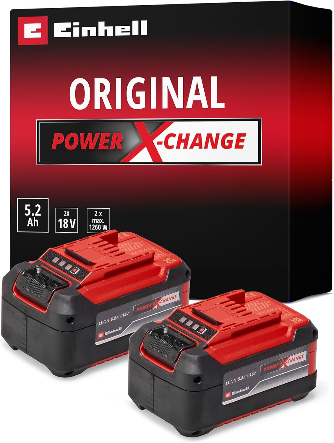 Einhell PXC Twinpack 5.2 Ah Power X-Change Akü Li-Ion, 18 V, 2 x 5.2 Ah, Tüm Power X-Change cihazları ile uyumlu, Aktif Akü Yönetim Sistemi, Özel Şarj Döngüleri - 4511526