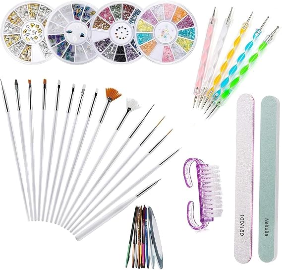 Nail Art Tırnak Süsleme sanatı tasarım seti, 37 adet, tırnak fırçası, şerit bant, noktalama kalemi, suni elmas taşlar, Tırnak Süsleri