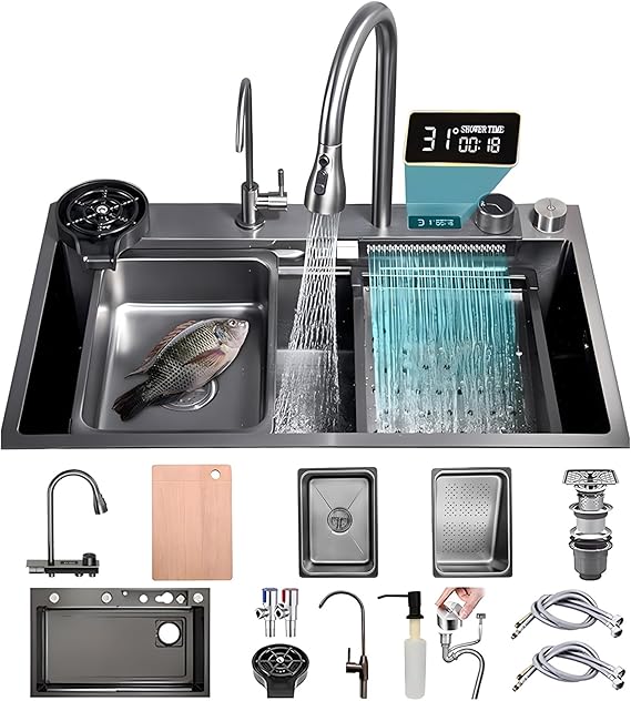 75 x 50 cm Large Size Kitchen Sink, Stainless Steel, Rectangular, 1 Basin Made of Waterfall Sink, Multifunctional Bar Sink, Kitchen Sink for Workplace, for Home Use