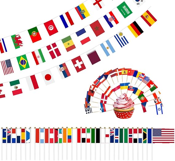 World Flags Decoration 2026, World Bunting Hand Flags on Stick Toothpick Flags Set World Cup Soccer Party Banner Backdrop Supplies for Indoor Outdoor Garden Decor