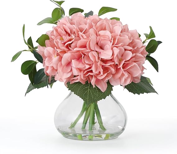 Hydrangea Artificial Flowers in Vase, Silk Faux Hydrangea Fake Flower Arrangements with Glass Vase and Faux Water for Home Decor Wedding Bouquets Table Centerpieces, Light Coffee