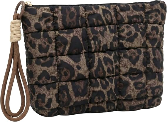 Leopard Puffer Quilted Makeup Bag for Women with Wrist Straps - 10" Roomy Puffy Cosmetic Pouch, Travel Toiletry Organizer Bag (LP-WS-BW)