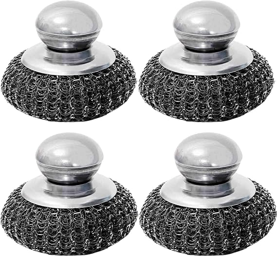 Steel Wool Scrubber with Handle, Heavy Duty Dish Scrubber, Steel Brush for Cleaning Pots, Pans, Grills, Sink (4 Pack)