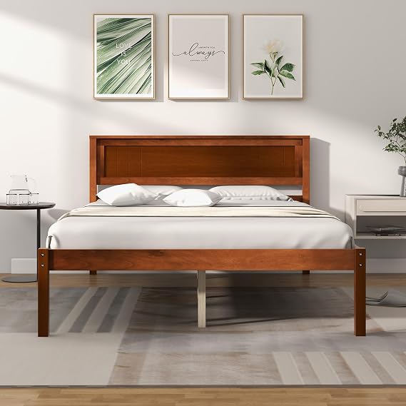 Giantex Wood Platform Bed with Headboard, Mid Century Solid Wood Bed Frame with Wood Slat Support, Wooden Mattress Foundation with 12" Under Bed Storage for Bedroom, Easy Assembly (Walnut, Full)